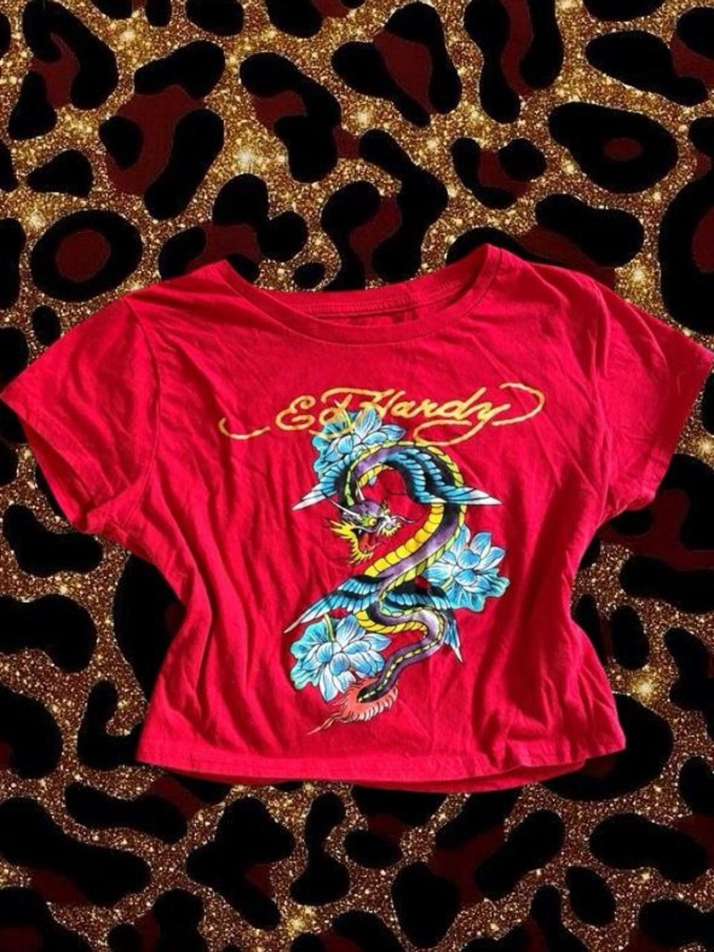 Ed Hardy Red Dragon Floral Crop Tee with Gold Script
